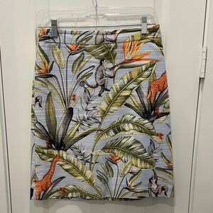Ann Taylor Jungle Print Bird of Paradise and Monkey Pencil Skirt - Green/Orange